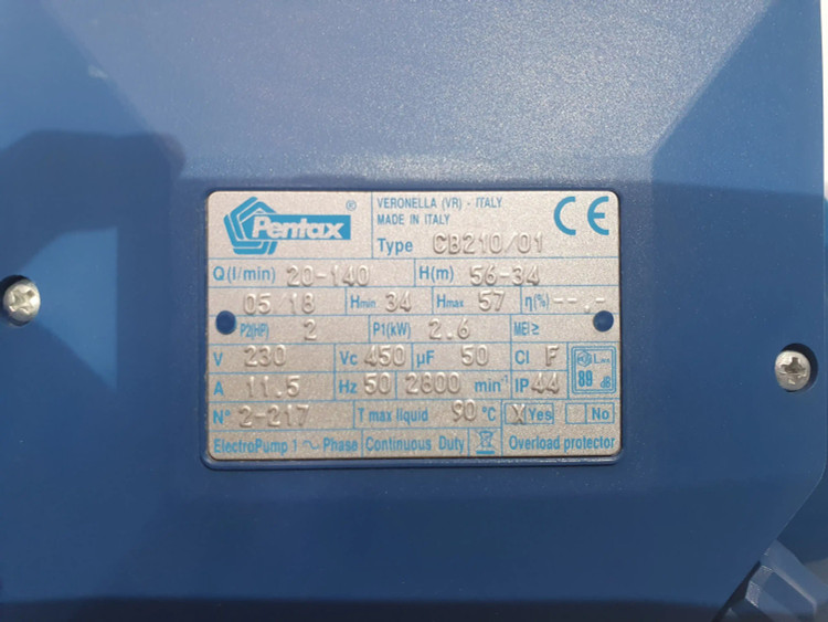 پلاک مشخصات پمپ خانگی بشقابی دو(2) اسب پنتاکس اصل ایتالیا پروانه برنزی