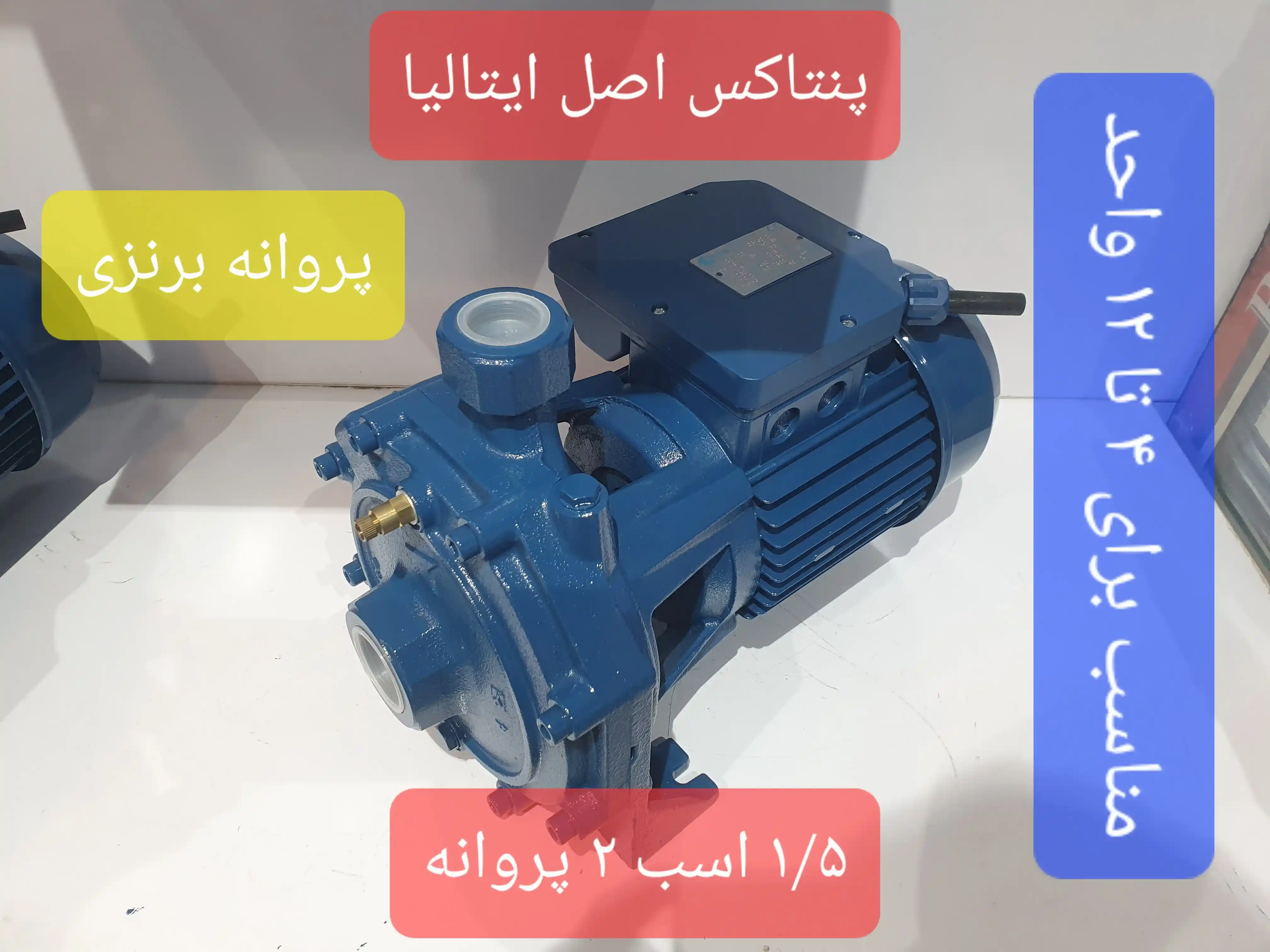 نمای سه رخ از راست پمپ خانگی بشقابی یک و نیم(1/5) اسب پنتاکس اصل ایتالیا پروانه برنزی