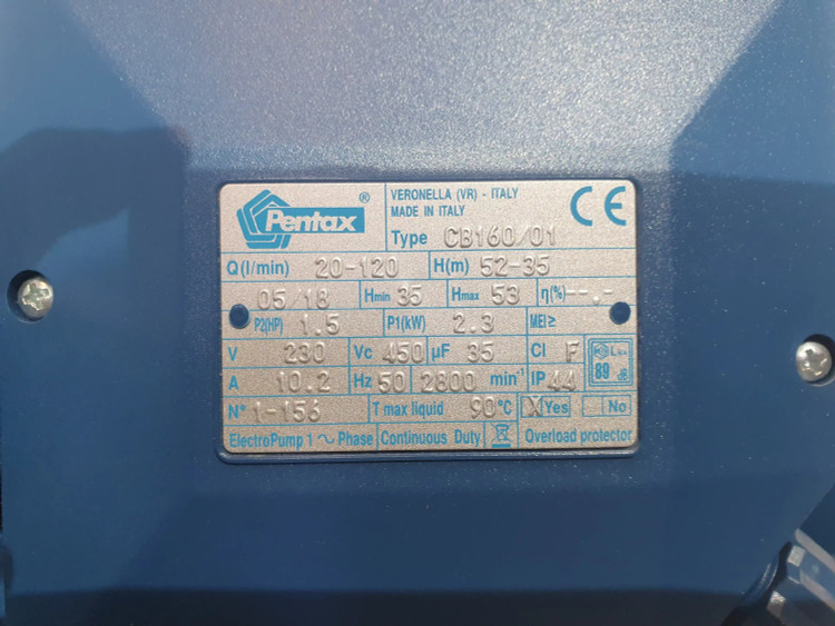 پلاک مشخصات پمپ خانگی بشقابی یک و نیم(1/5) اسب پنتاکس اصل ایتالیا پروانه برنزی