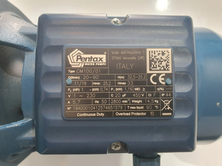 پلاک مشخصات پمپ خانگی بشقابی یک(1) اسب پنتاکس اصل ایتالیا