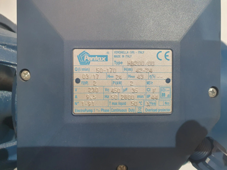 پلاک مشخصات پمپ خانگی سانتریفیوژ دو(2) اسب پنتاکس اصل ایتالیا